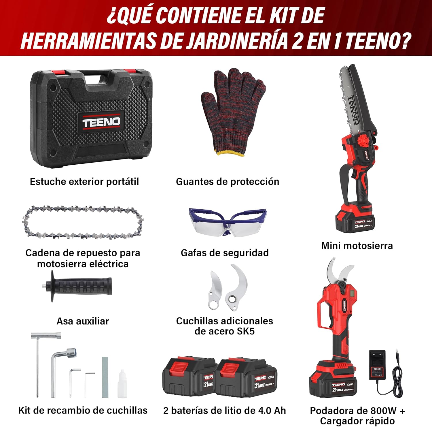 Imagen de TEENO Set Herramientas Jardinería 2 en 1: 6 Pulgadas Mini Motosierra a Batería + Tijeras Podar Eléctrica Inalámbrica 0-40mm, 2 Baterías 4.0 Ah, Cuchillas Acero SK5