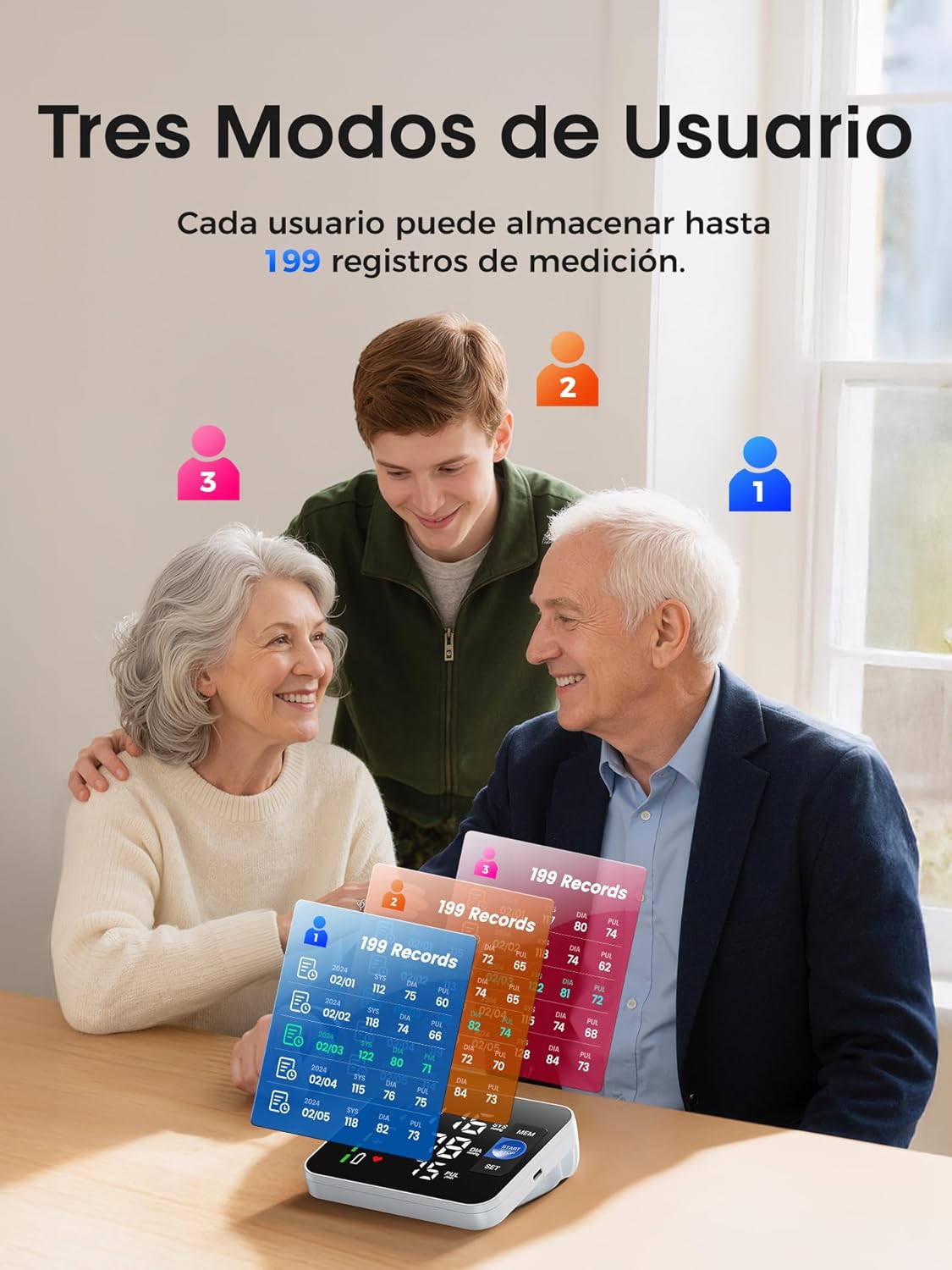 Imagen de Tensiómetro de Brazo Digital, Pantalla Digital LED Medidor Tension Arterial, Blood PresSure Monitor, Se Pueden Registrar 3 x 199 Datos de Usuario, Con Brazalete 22-42cm, Cable de Carga de Tipo-C