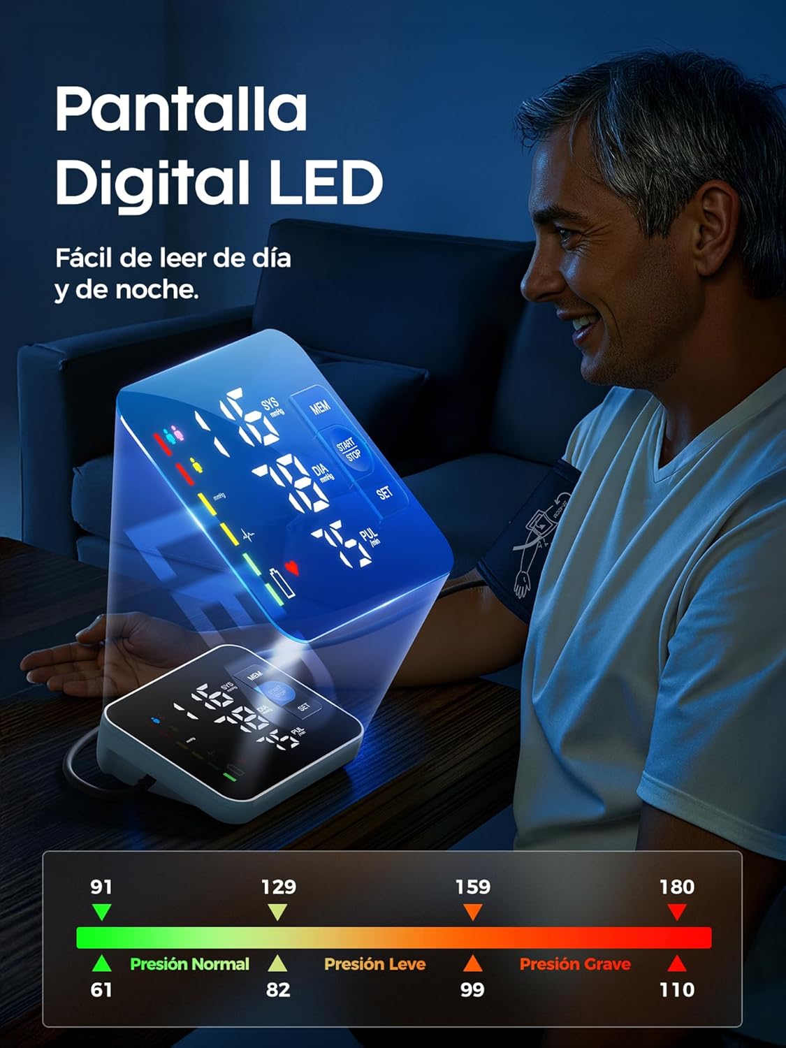 Imagen de Tensiómetro de Brazo Digital, Pantalla Digital LED Medidor Tension Arterial, Blood PresSure Monitor, Se Pueden Registrar 3 x 199 Datos de Usuario, Con Brazalete 22-42cm, Cable de Carga de Tipo-C