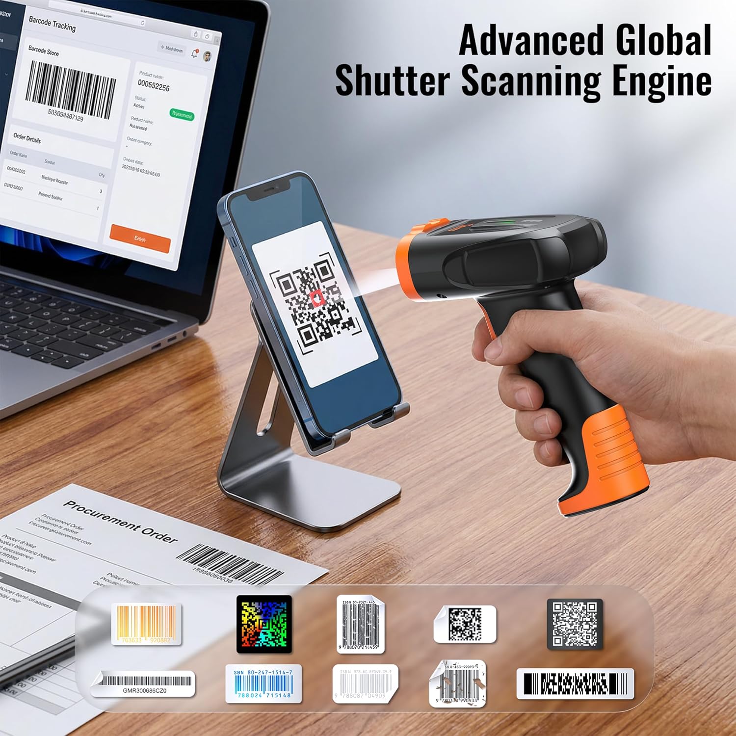 Imagen de Tera Escáner de códigos de Barras 1D 2D QR con Bluetooth: batería de polímero de Litio 2200 mAh 2.4G inalámbrico y USB Cable escáner Manual CMOS Global Shutter para POS almacén Comercio Oficina D5300