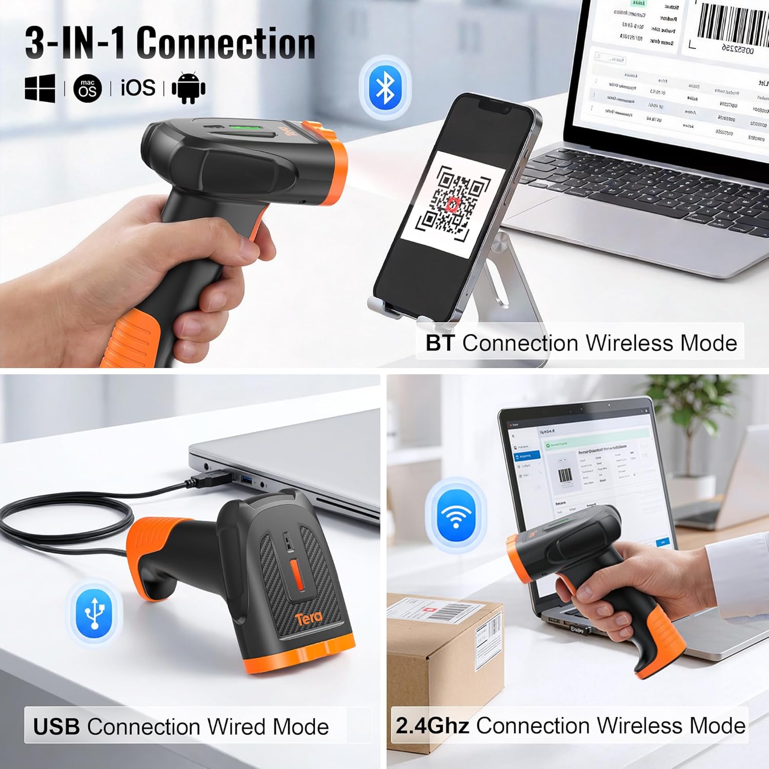 Imagen de Tera Escáner de códigos de Barras 1D 2D QR con Bluetooth: batería de polímero de Litio 2200 mAh 2.4G inalámbrico y USB Cable escáner Manual CMOS Global Shutter para POS almacén Comercio Oficina D5300