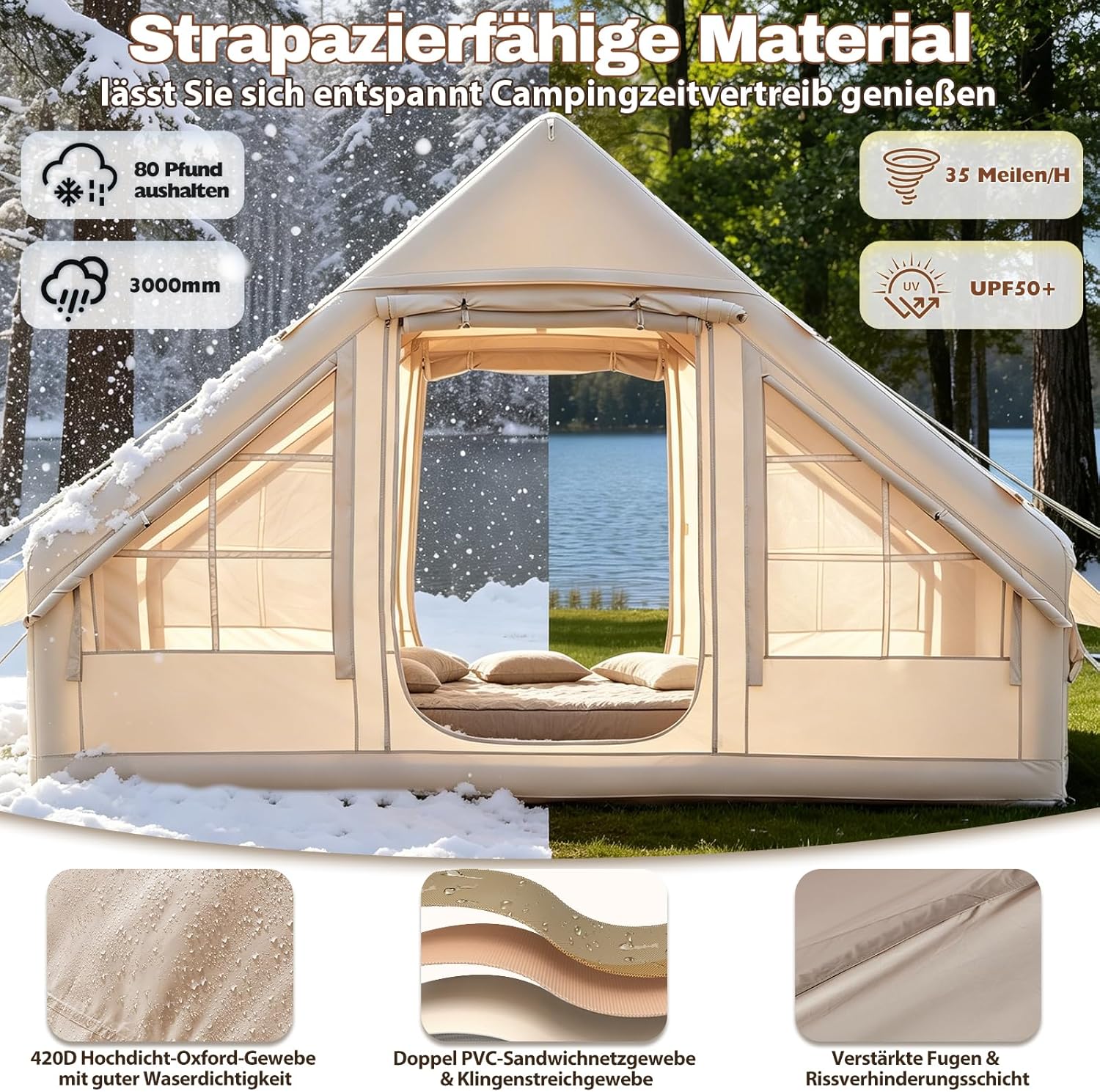 Imagen de Tienda de campaña inflable con apertura de chimenea y claraboya, para exteriores, 2-10 personas, con bomba de aire, de tela Oxford impermeable, para las 4 estaciones, montaje rápido