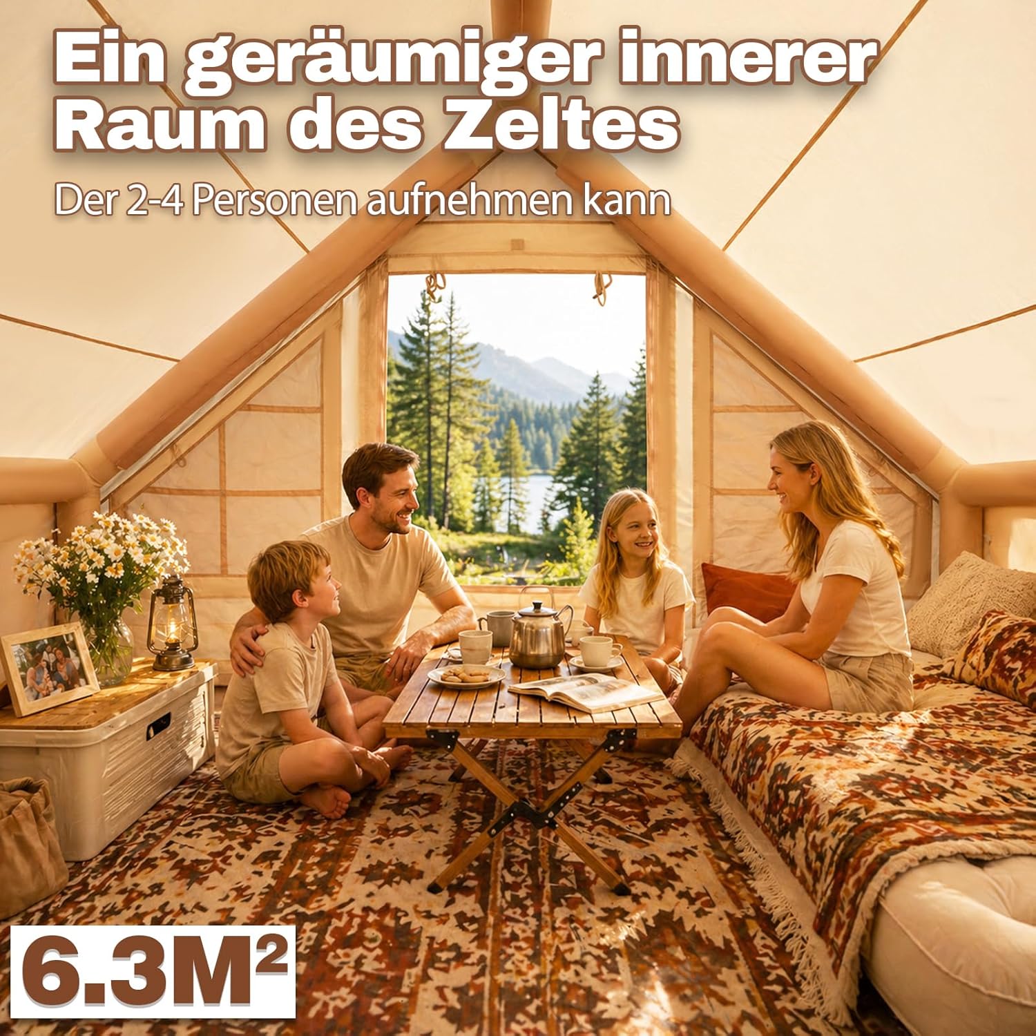 Imagen de Tienda de campaña inflable con apertura de chimenea y claraboya, para exteriores, 2-10 personas, con bomba de aire, de tela Oxford impermeable, para las 4 estaciones, montaje rápido