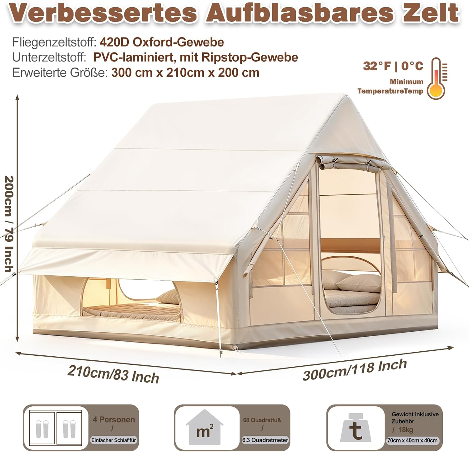 Imagen de Tienda de campaña inflable con apertura de chimenea y claraboya, para exteriores, 2-10 personas, con bomba de aire, de tela Oxford impermeable, para las 4 estaciones, montaje rápido