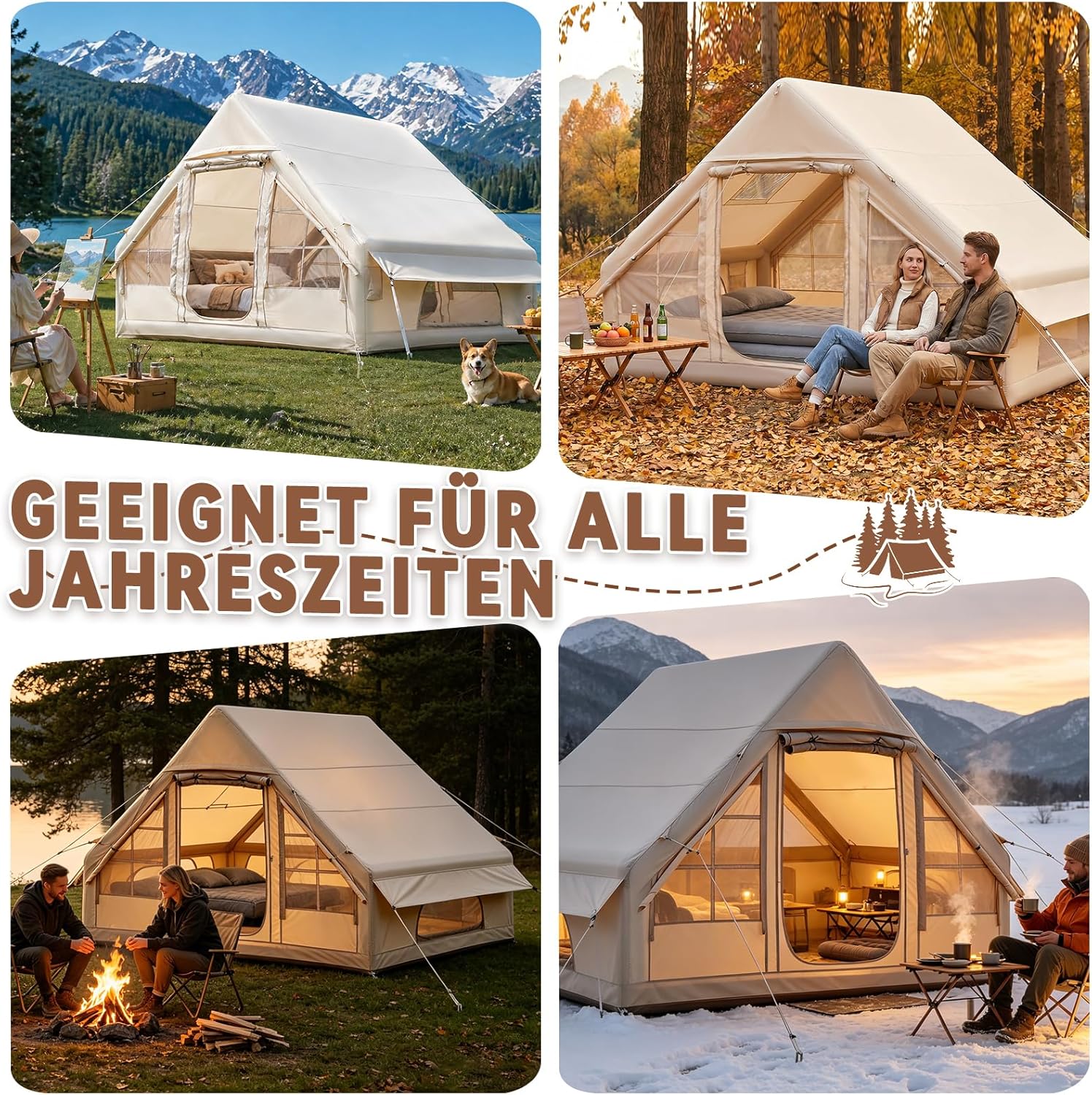 Imagen de Tienda de campaña inflable con apertura de chimenea y claraboya, para exteriores, 2-10 personas, con bomba de aire, de tela Oxford impermeable, para las 4 estaciones, montaje rápido