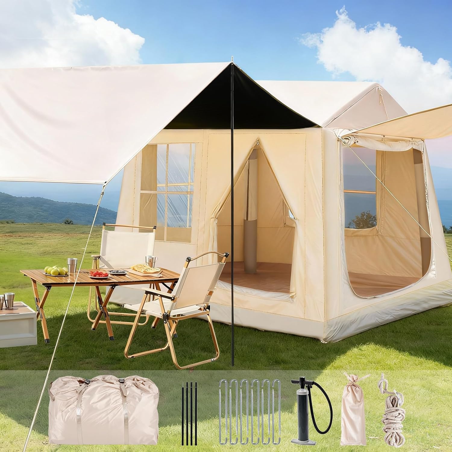 Imagen de Tienda de campaña inflable con apertura de chimenea y claraboya, para exteriores, 2-10 personas, con bomba de aire, de tela Oxford impermeable, para las 4 estaciones, montaje rápido