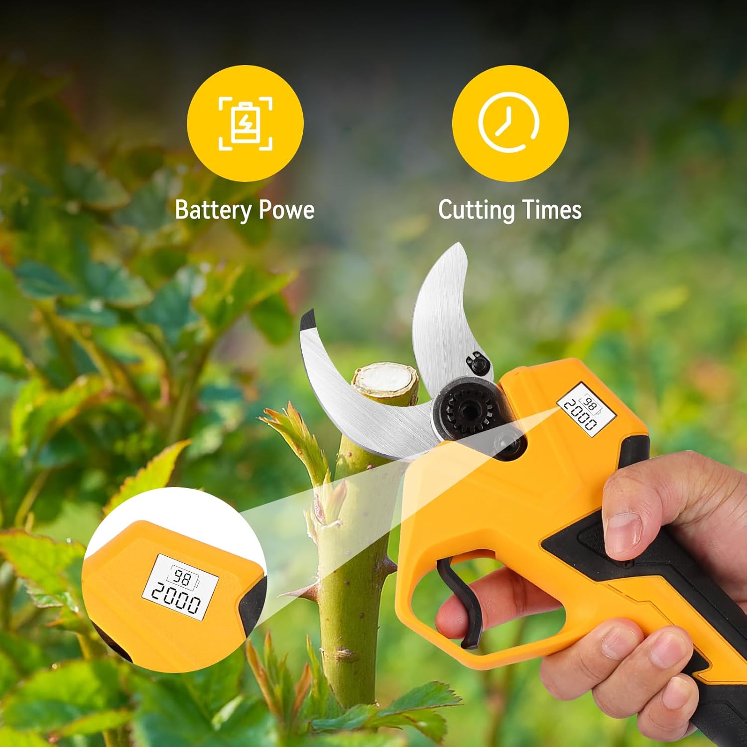 Imagen de Tijeras de podar eléctricas de 45 mm: tijeras de podar con batería con 2 baterías de 2000 mAh, recortadora de césped con pantalla digital para jardinería, arbustos, vides, olivos y agricultura