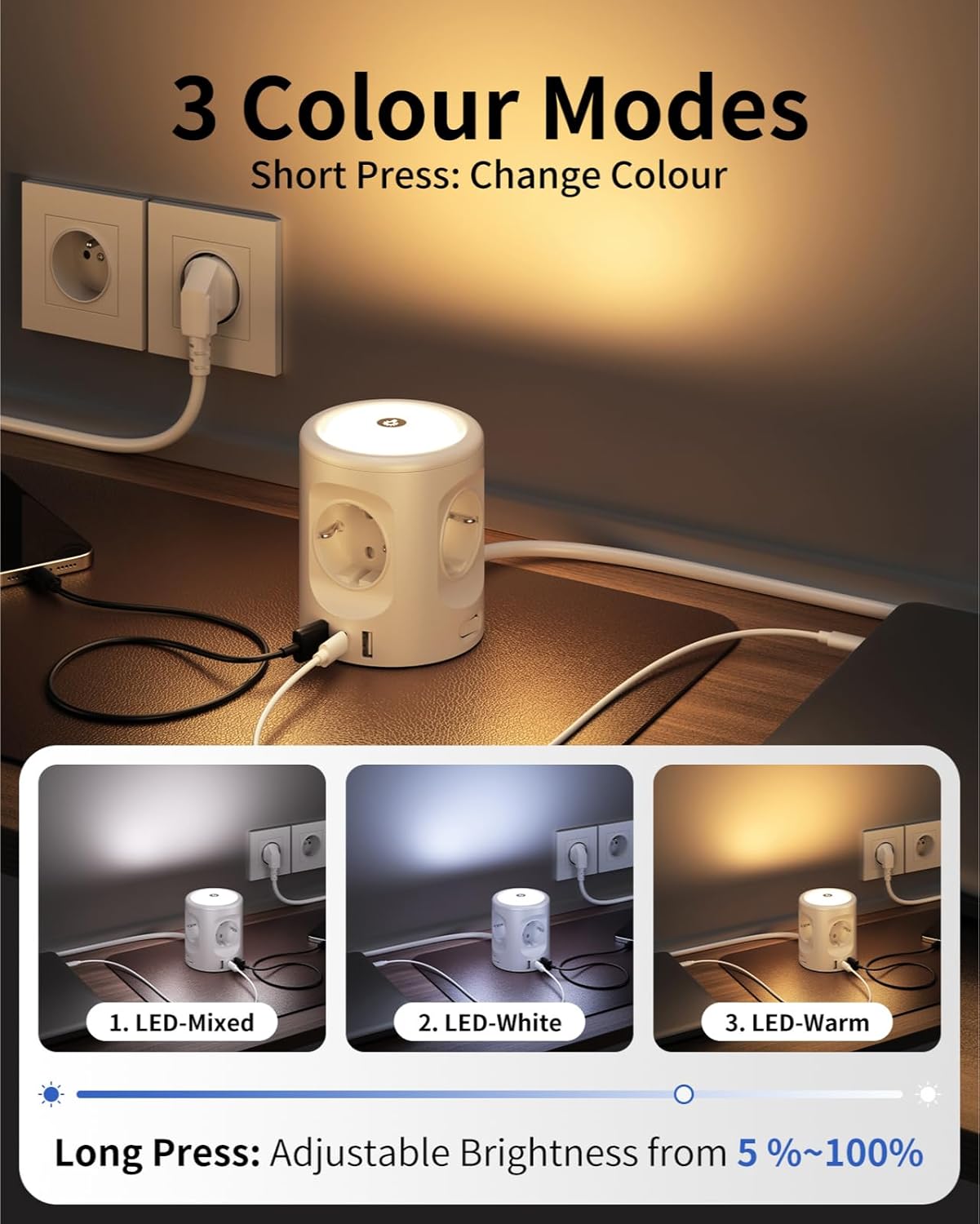 Imagen de Torre Regleta Enchufes 16A con Luces LED Nocturnas 3 Modos de Iluminación, Cubo Regleta Enchufes con USB Alargador Enchufe 2M, Ladron Enchufes con Interruptor para Casa Oficina Enchufe Regleta