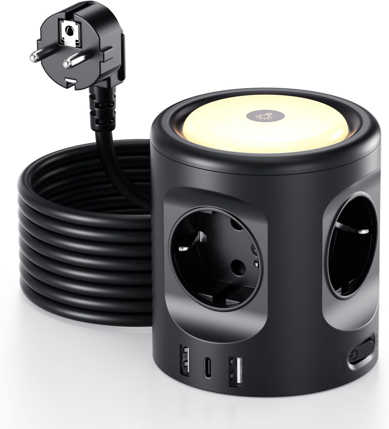 Imagen de Torre Regleta Enchufes 16A con Luces LED Nocturnas 3 Modos de Iluminación, Cubo Regleta Enchufes con USB Alargador Enchufe 2M, Ladron Enchufes con Interruptor para Casa Oficina Enchufe Regleta