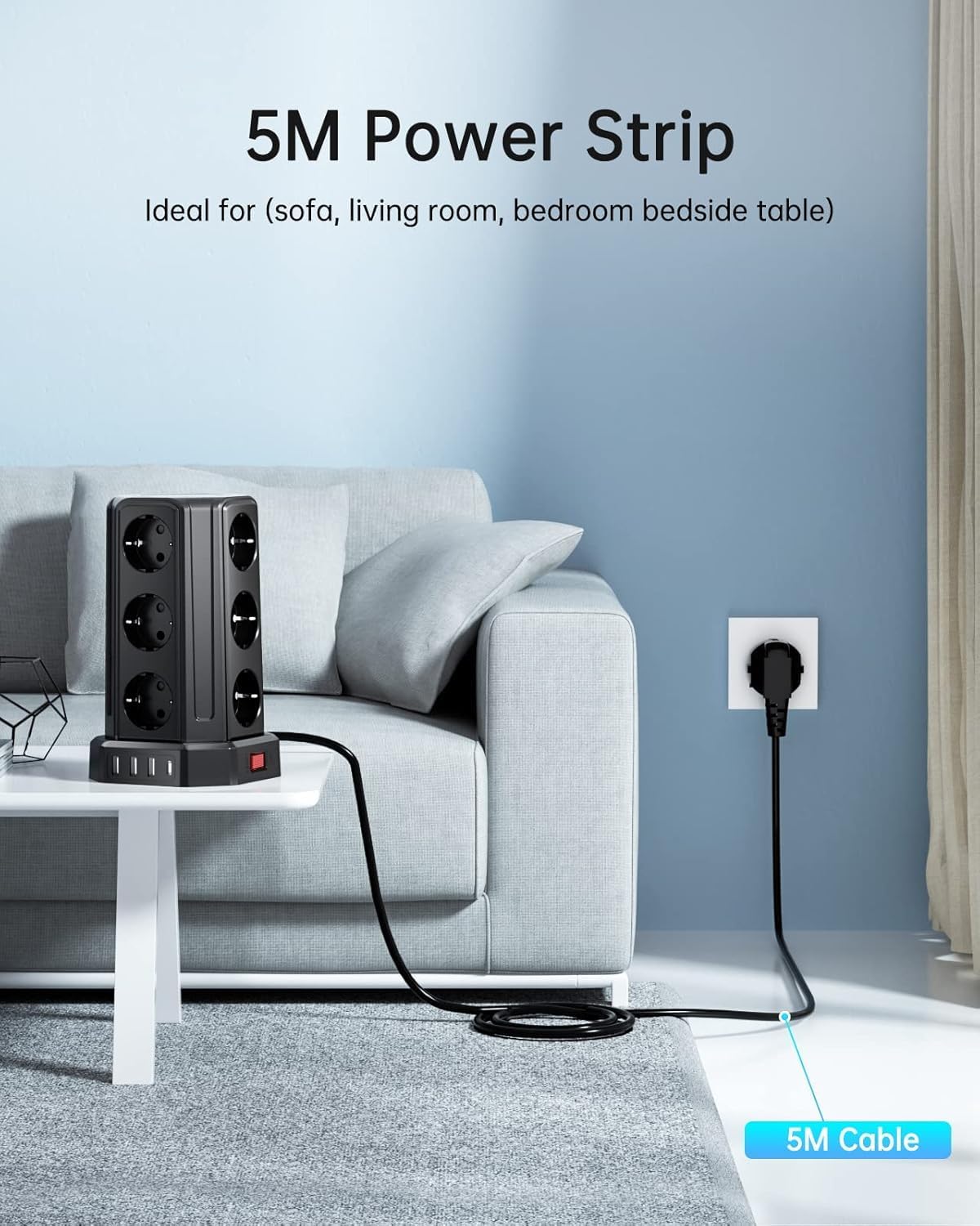 Imagen de Torre Regletas Enchufes con Cable 5M, Regleta USB 12 Tomas de AC Corrientes y 4 USB, 3680W/16A, Regreltas Vertical con Interruptor para Mesa, Oficia, Casa