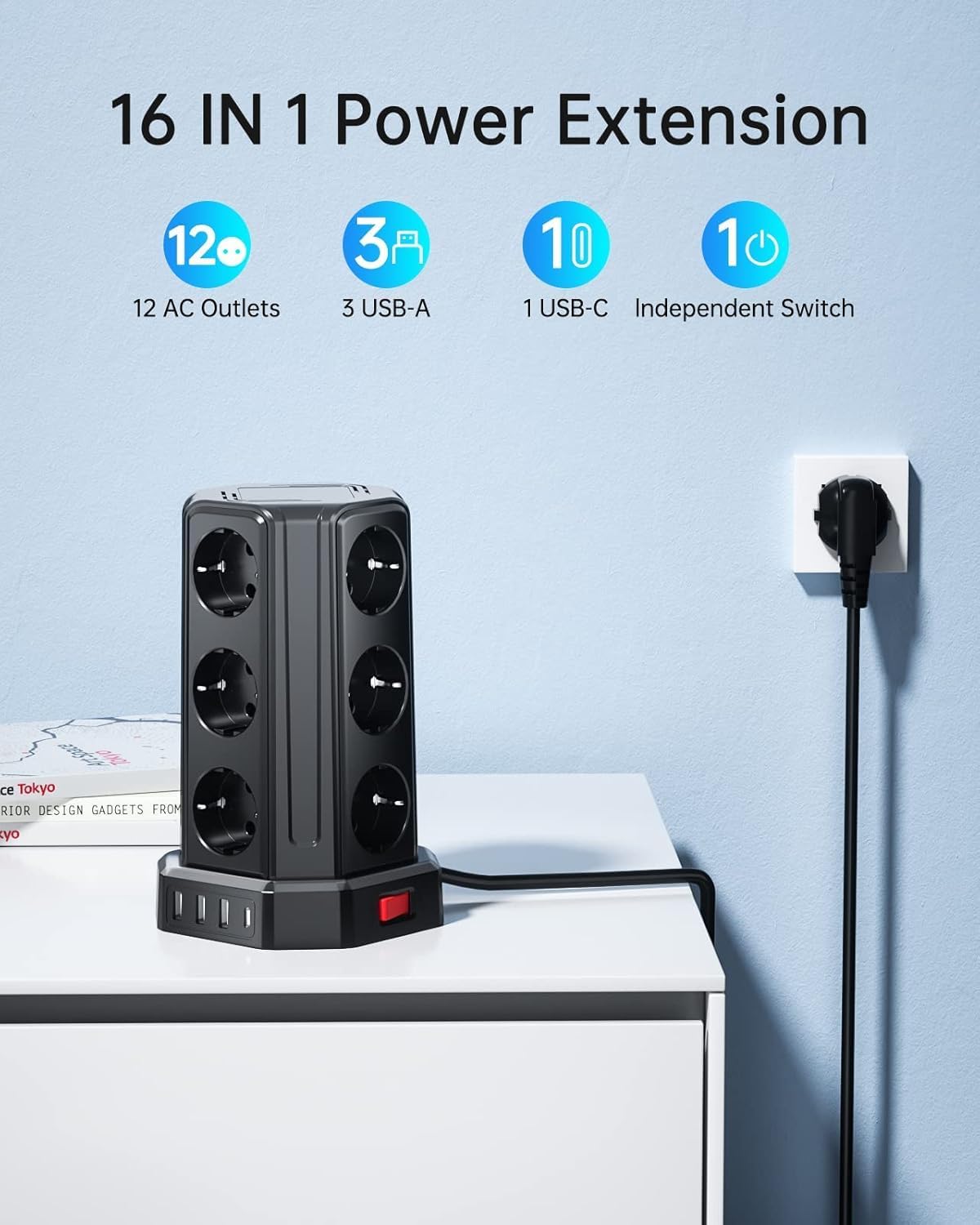 Imagen de Torre Regletas Enchufes con Cable 5M, Regleta USB 12 Tomas de AC Corrientes y 4 USB, 3680W/16A, Regreltas Vertical con Interruptor para Mesa, Oficia, Casa
