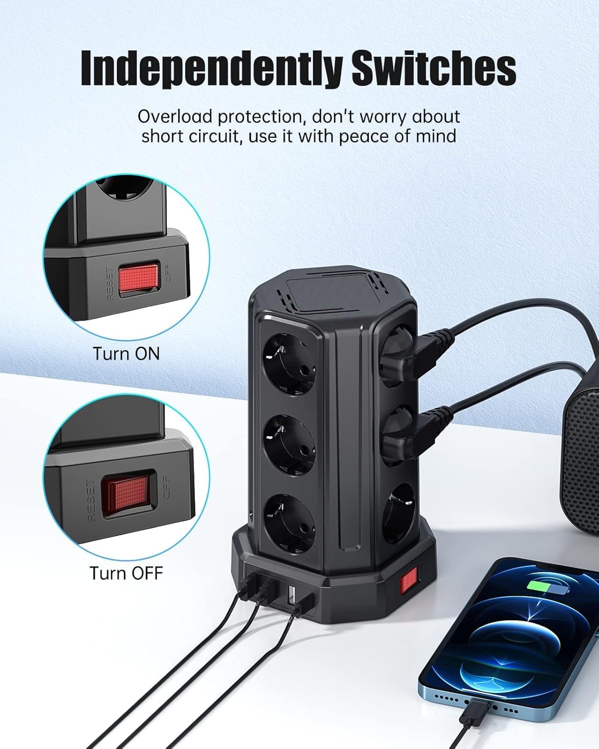 Imagen de Torre Regletas Enchufes con Cable 5M, Regleta USB 12 Tomas de AC Corrientes y 4 USB, 3680W/16A, Regreltas Vertical con Interruptor para Mesa, Oficia, Casa