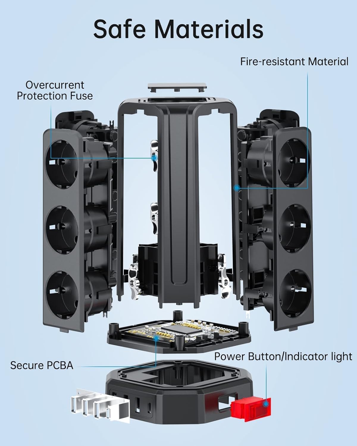 Imagen de Torre Regletas Enchufes con Cable 5M, Regleta USB 12 Tomas de AC Corrientes y 4 USB, 3680W/16A, Regreltas Vertical con Interruptor para Mesa, Oficia, Casa