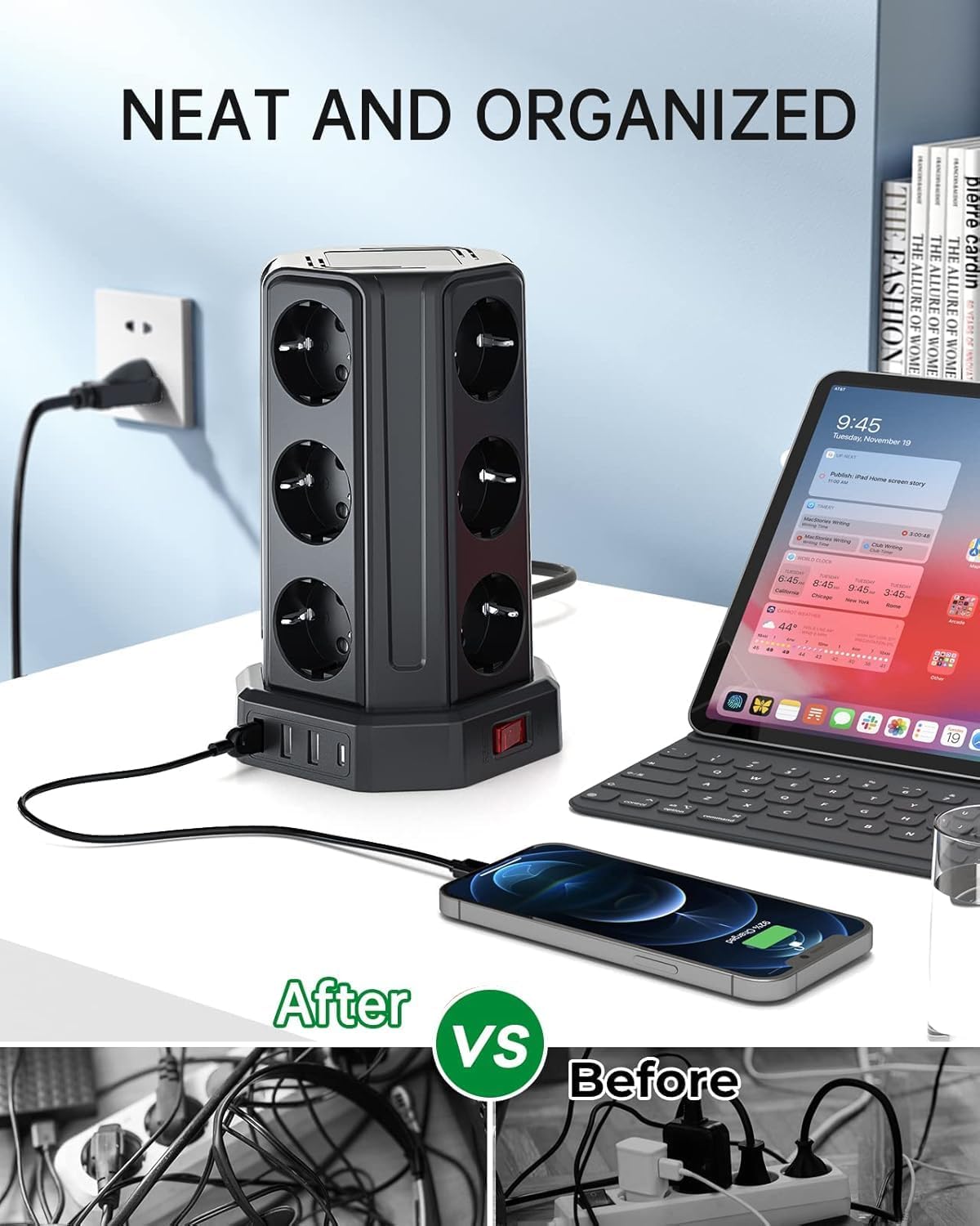 Imagen de Torre Regletas Enchufes con Cable 5M, Regleta USB 12 Tomas de AC Corrientes y 4 USB, 3680W/16A, Regreltas Vertical con Interruptor para Mesa, Oficia, Casa