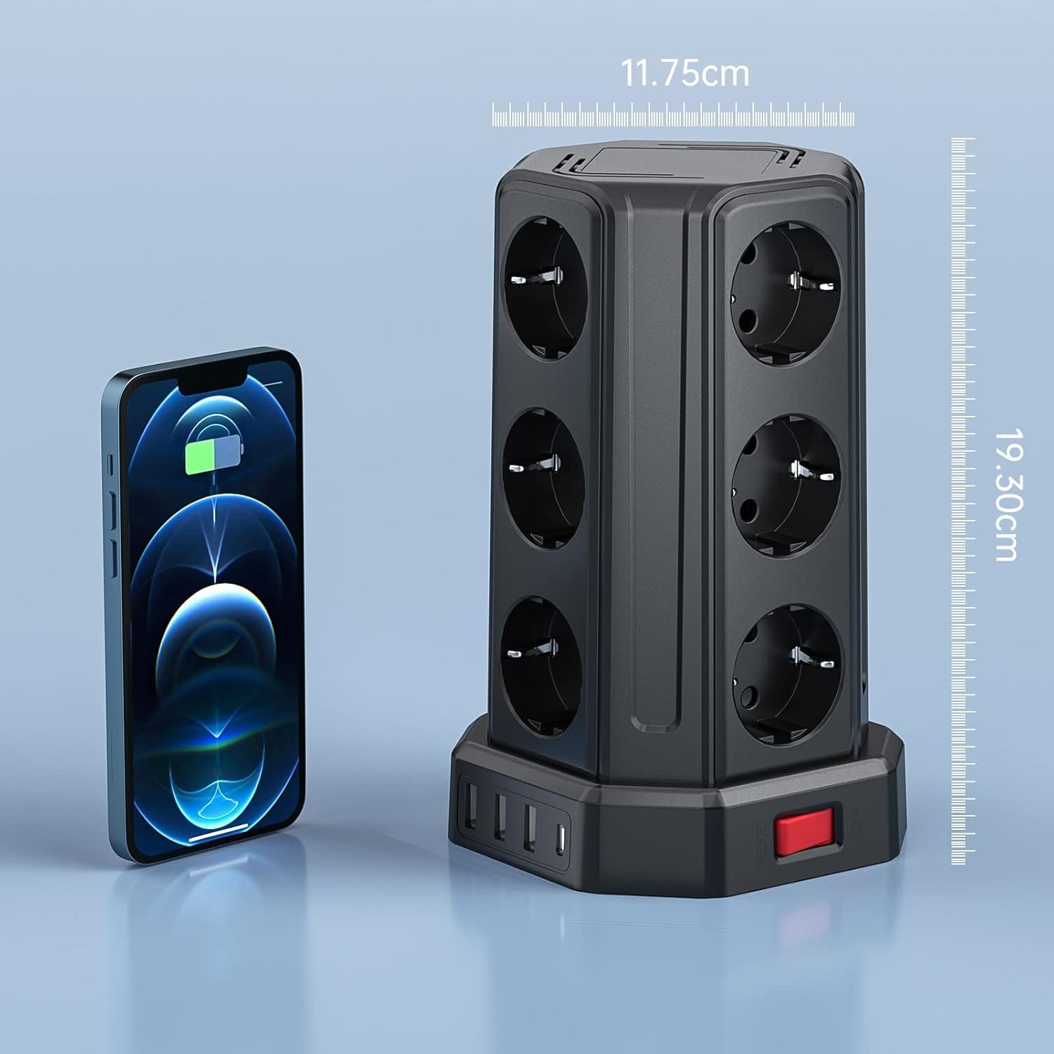 Imagen de Torre Regletas Enchufes con Cable 5M, Regleta USB 12 Tomas de AC Corrientes y 4 USB, 3680W/16A, Regreltas Vertical con Interruptor para Mesa, Oficia, Casa