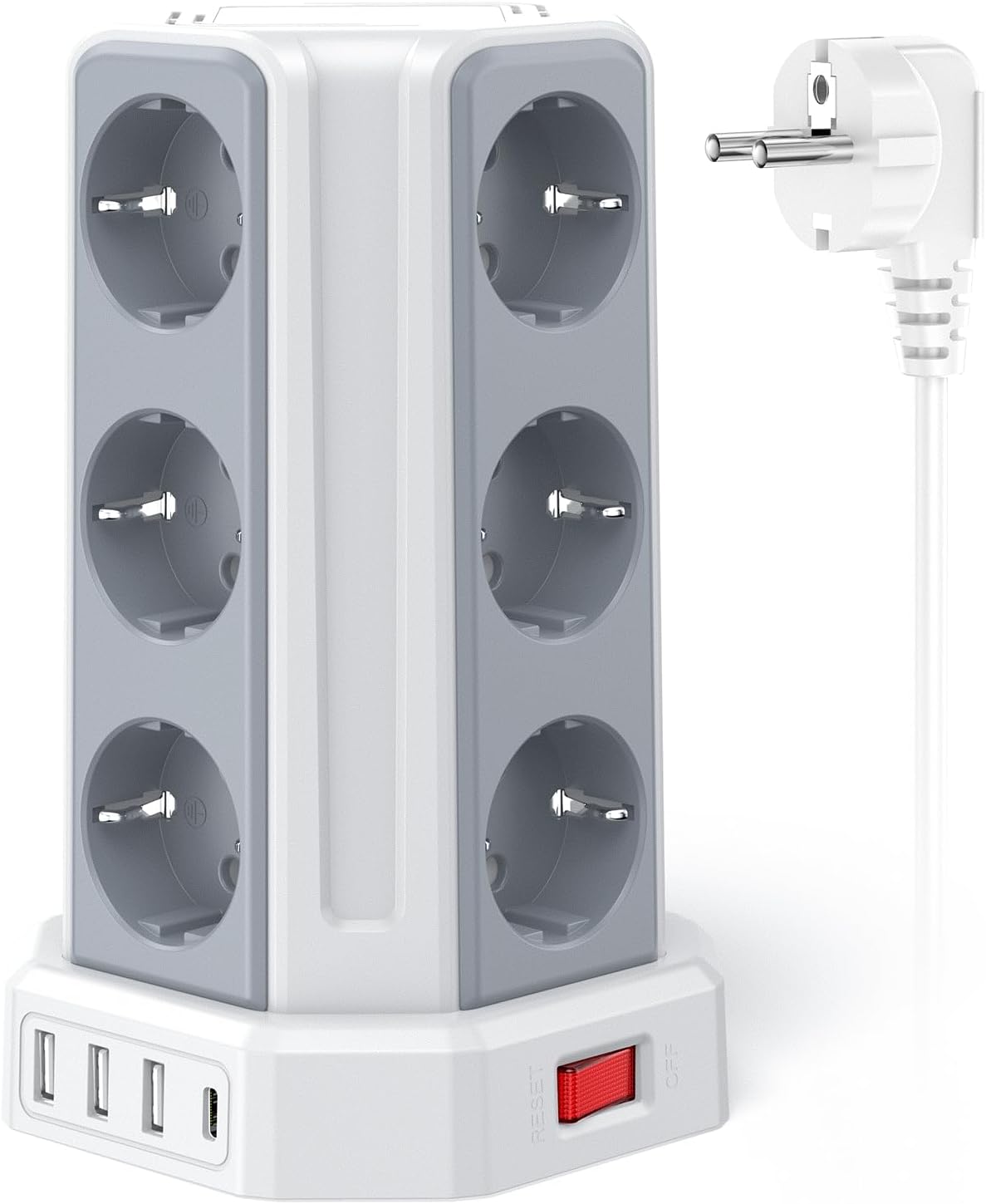 Imagen de Torre Regletas Enchufes con Cable 5M, Regleta USB 12 Tomas de AC Corrientes y 4 USB, 3680W/16A, Regreltas Vertical con Interruptor para Mesa, Oficia, Casa