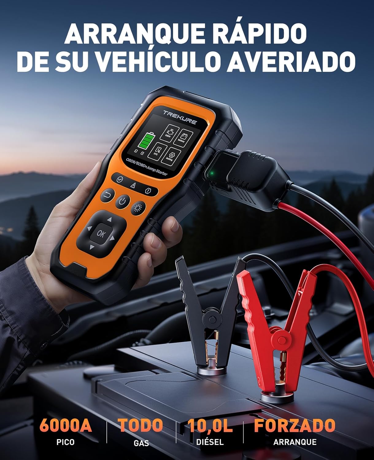 Imagen de TREKURE Arrancador de Baterías de Coche 6000A con OBD2 Diagnosis Coche, Arrancador de Coches Portátil con Función de Arranque Forzado, Prueba de Batería, Pantalla Grande(para All Gas o 10L Diesel)