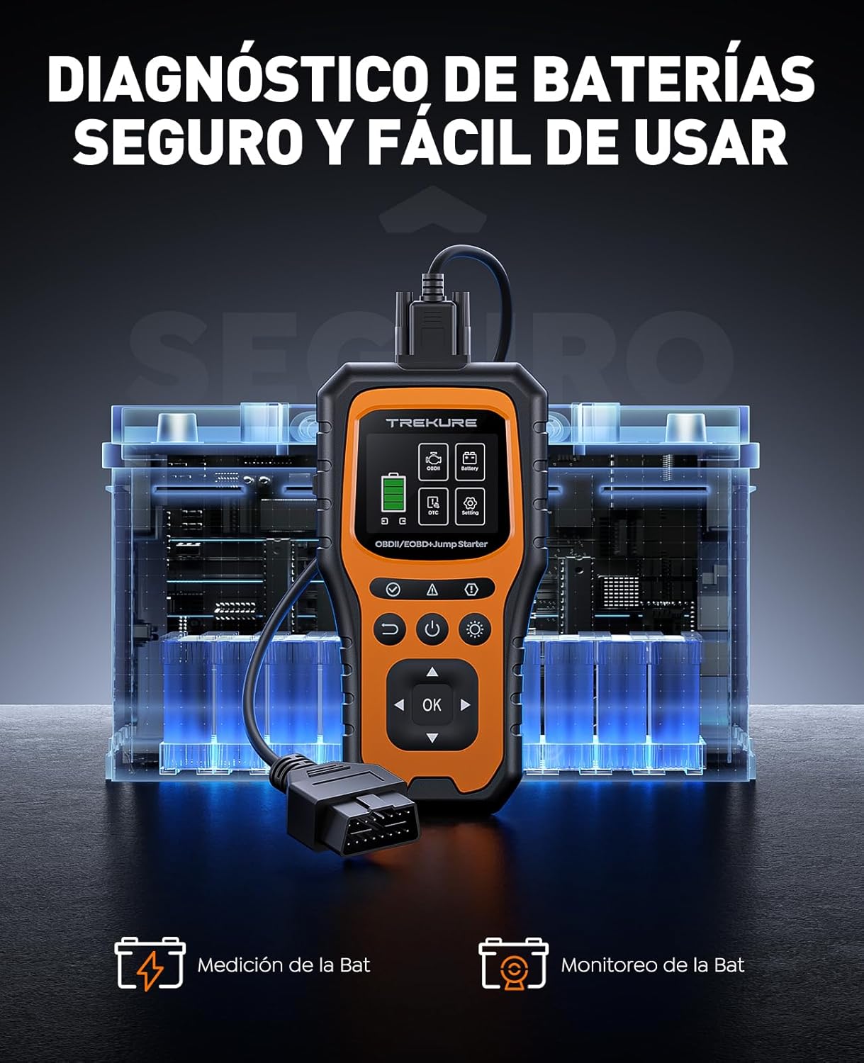 Imagen de TREKURE Arrancador de Baterías de Coche 6000A con OBD2 Diagnosis Coche, Arrancador de Coches Portátil con Función de Arranque Forzado, Prueba de Batería, Pantalla Grande(para All Gas o 10L Diesel)