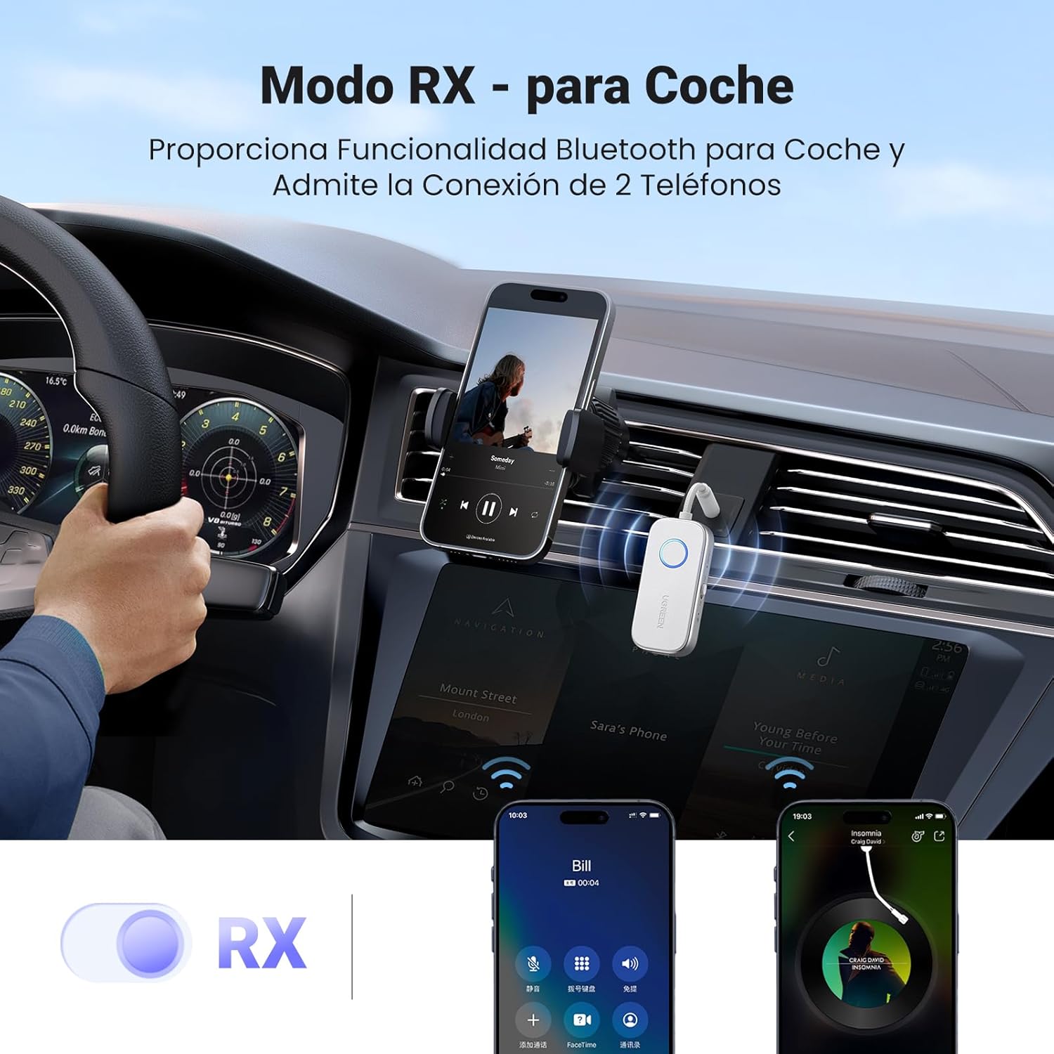 Imagen de UGREEN Transmisor Receptor Bluetooth 6.0 Adaptador 2 en 1 Jack 3,5mm Audio para Coche Altavoz Auriculares Amplificador Móvil PC TV