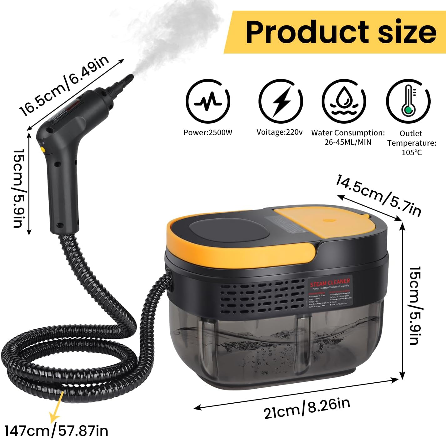 Imagen de Vaporeta Limpieza Hogar 2500W, Depósito de Agua 1600ML, Mango Regulable en 3 Niveles, Alta Temperatura 105℃ y Presión 3Bar, Calentamiento Rápido 15s, 10 Accesorios, para Coche, Cocina (Negro)