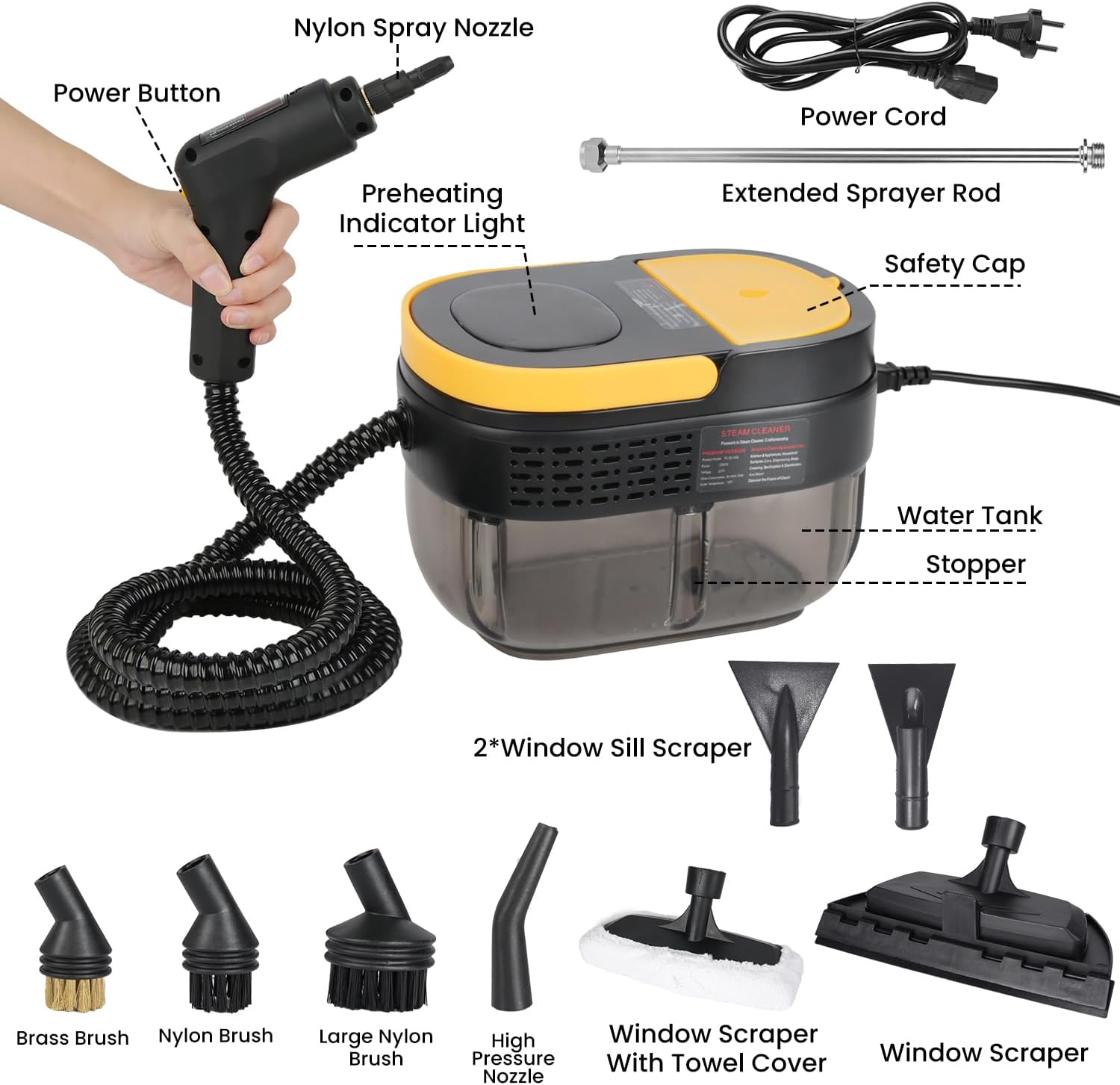 Imagen de Vaporeta Limpieza Hogar 2500W, Depósito de Agua 1600ML, Mango Regulable en 3 Niveles, Alta Temperatura 105℃ y Presión 3Bar, Calentamiento Rápido 15s, 10 Accesorios, para Coche, Cocina (Negro)