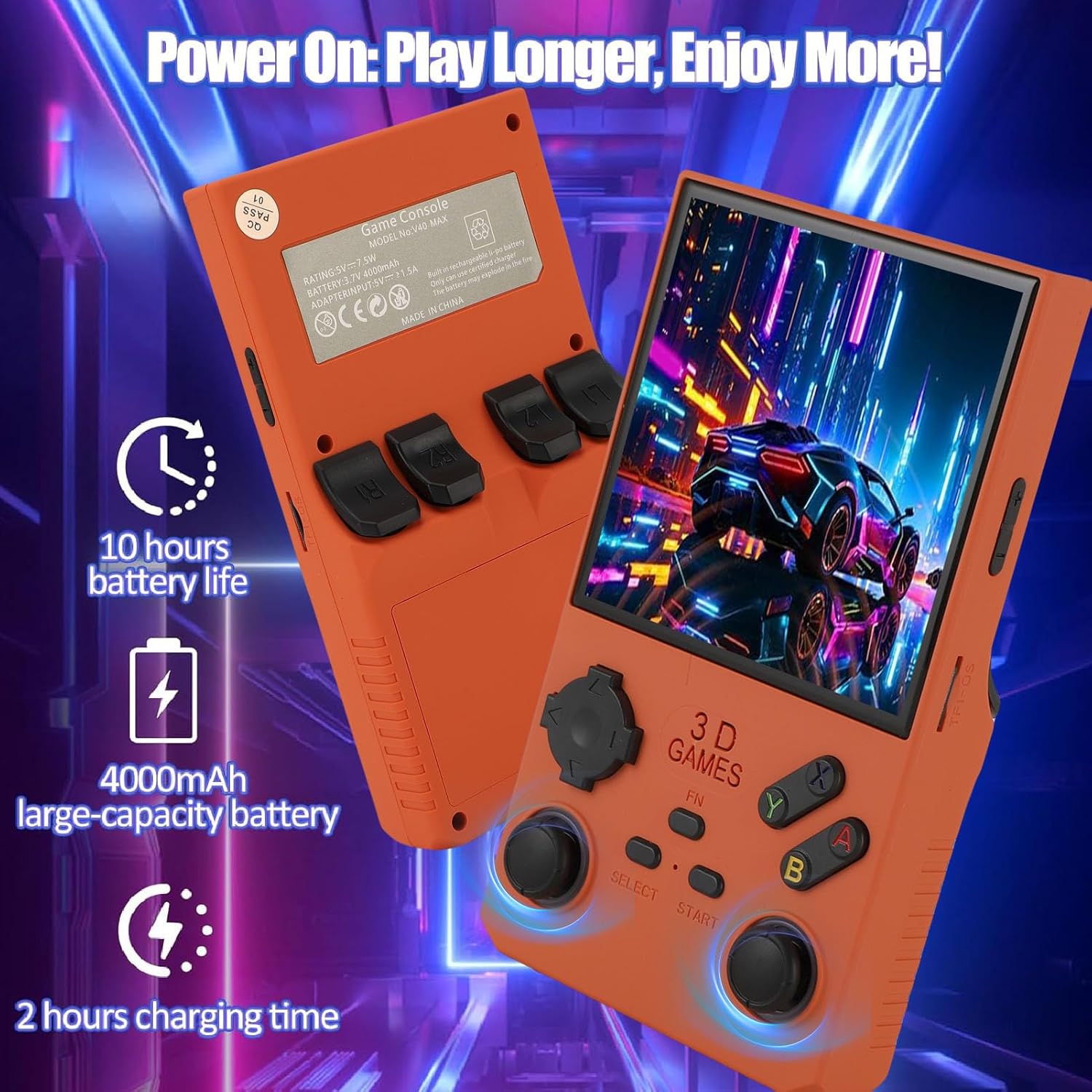 Imagen de VBESTLIFE Console de Juegos de Mano V40 MAX Retro, 8GB+ 256GB, Emuladores Incorporados de 49+, Pantalla HD HD de 4.0 Pulgadas, Batería de 4000 MAh, Consola de Videojuegos Portátiles (Orange)
