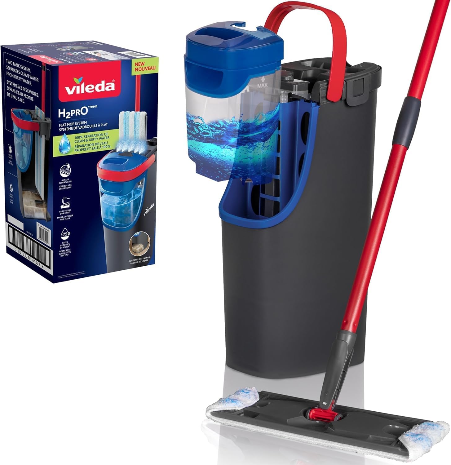 Vileda H2Pro Sistema de mopa Plana | Separación de Agua Limpia y Sucia | Manejo con una Sola Mano | Almacenamiento Compacto | Palo ergonómico | Microfibra de Alta absorción | Color Gris y Azul