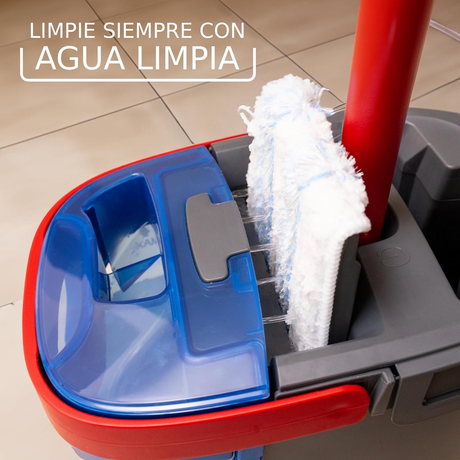 Imagen de Vileda H2Pro Sistema de mopa Plana | Separación de Agua Limpia y Sucia | Manejo con una Sola Mano | Almacenamiento Compacto | Palo ergonómico | Microfibra de Alta absorción | Color Gris y Azul