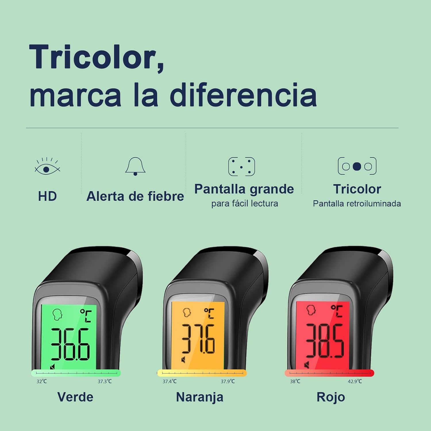 Imagen de Viproud Termometro digital Termómetro Frente Infrarrojo sin Contacto, Médico Termometros pantalla Retroiluminada de Tres Colores,Con mediciones precisas instantáneas, Alarma de fiebre(azul negruzco)