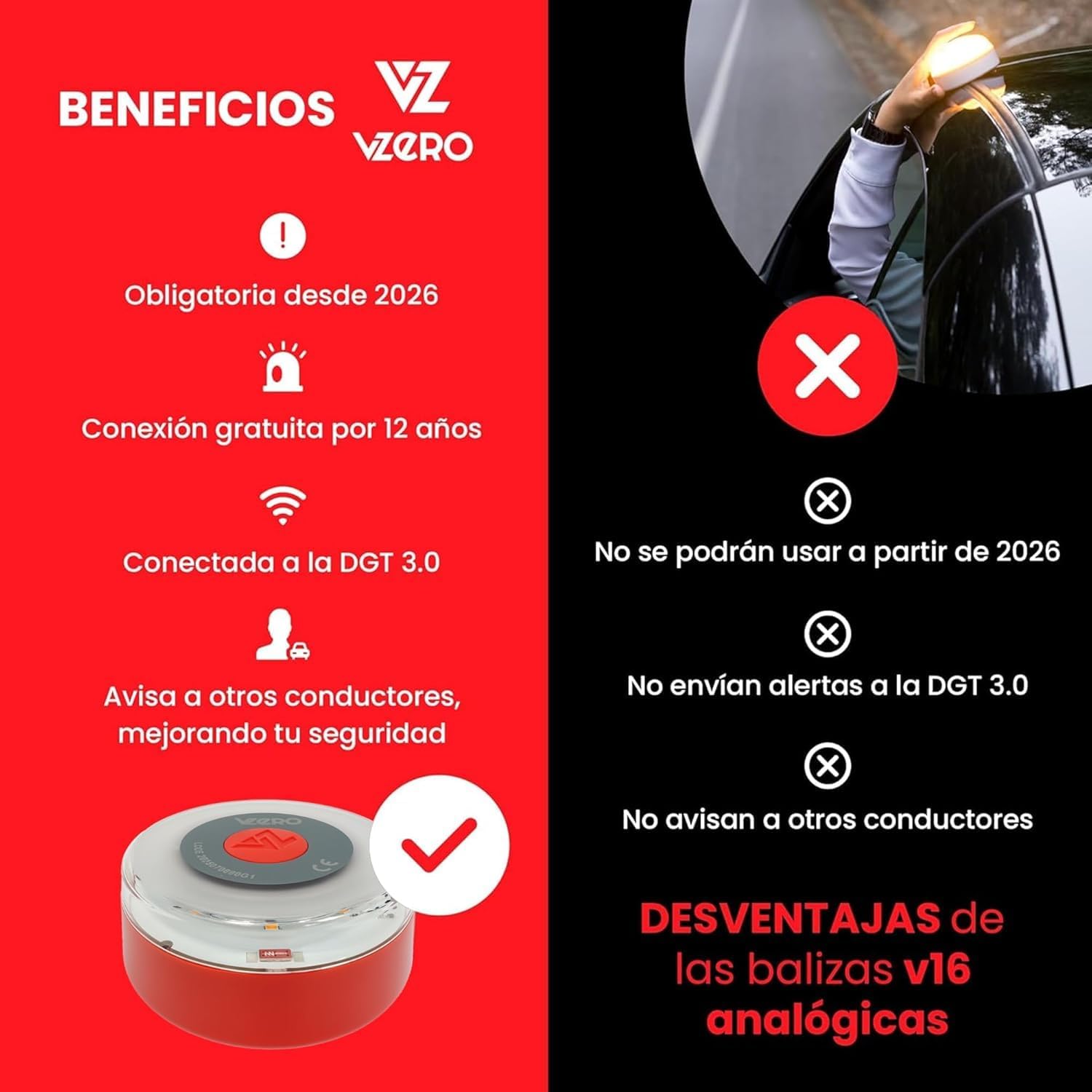 Imagen de VZero - Luz de Emergencia V16 con Geolocalización + Funda, Señal Homologada Conectada con DGT 3.0, Apta para 2026, Baliza para Coche con eSIM Incluida, Alta Potencia y Sistema Eye Protect