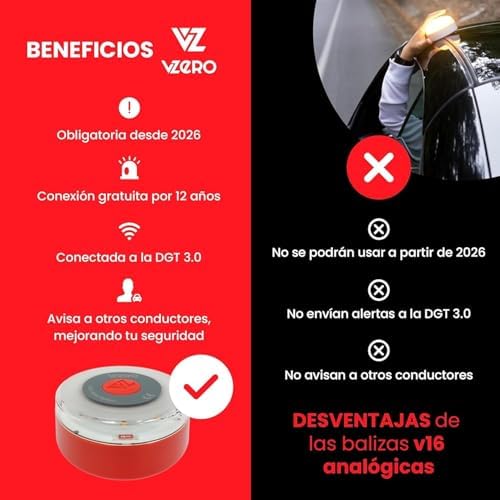 Imagen de VZero - Luz de Emergencia V16 con Geolocalización + Funda, Señal Homologada Conectada con DGT 3.0, Apta para 2026, Baliza para Coche con eSIM Incluida, Alta Potencia y Sistema Eye Protect