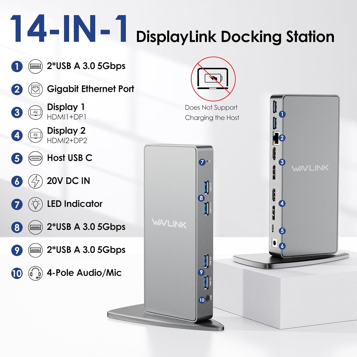 Imagen de WAVLINK Ultra HD/5K USB 3.0 & USB C Universal Docking Station, 2 x 5k Display Port DP Puerto，2 x 4k HDMI, Gigabit Ethernet, Puerto Audio+Micrófono,4 Puertos USB3.0, 2 Puertos USB C, Cables USB 3.0/C
