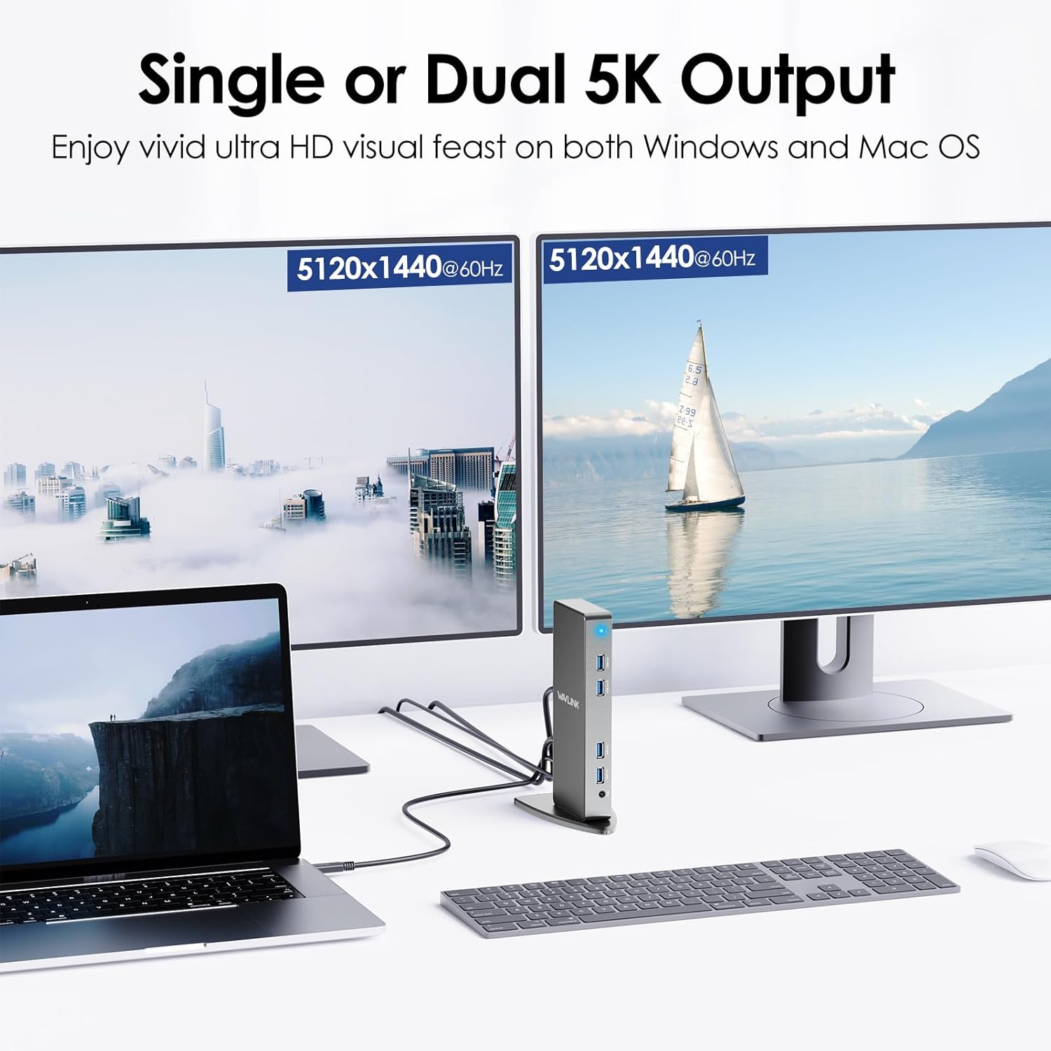 Imagen de WAVLINK Ultra HD/5K USB 3.0 & USB C Universal Docking Station, 2 x 5k Display Port DP Puerto，2 x 4k HDMI, Gigabit Ethernet, Puerto Audio+Micrófono,4 Puertos USB3.0, 2 Puertos USB C, Cables USB 3.0/C