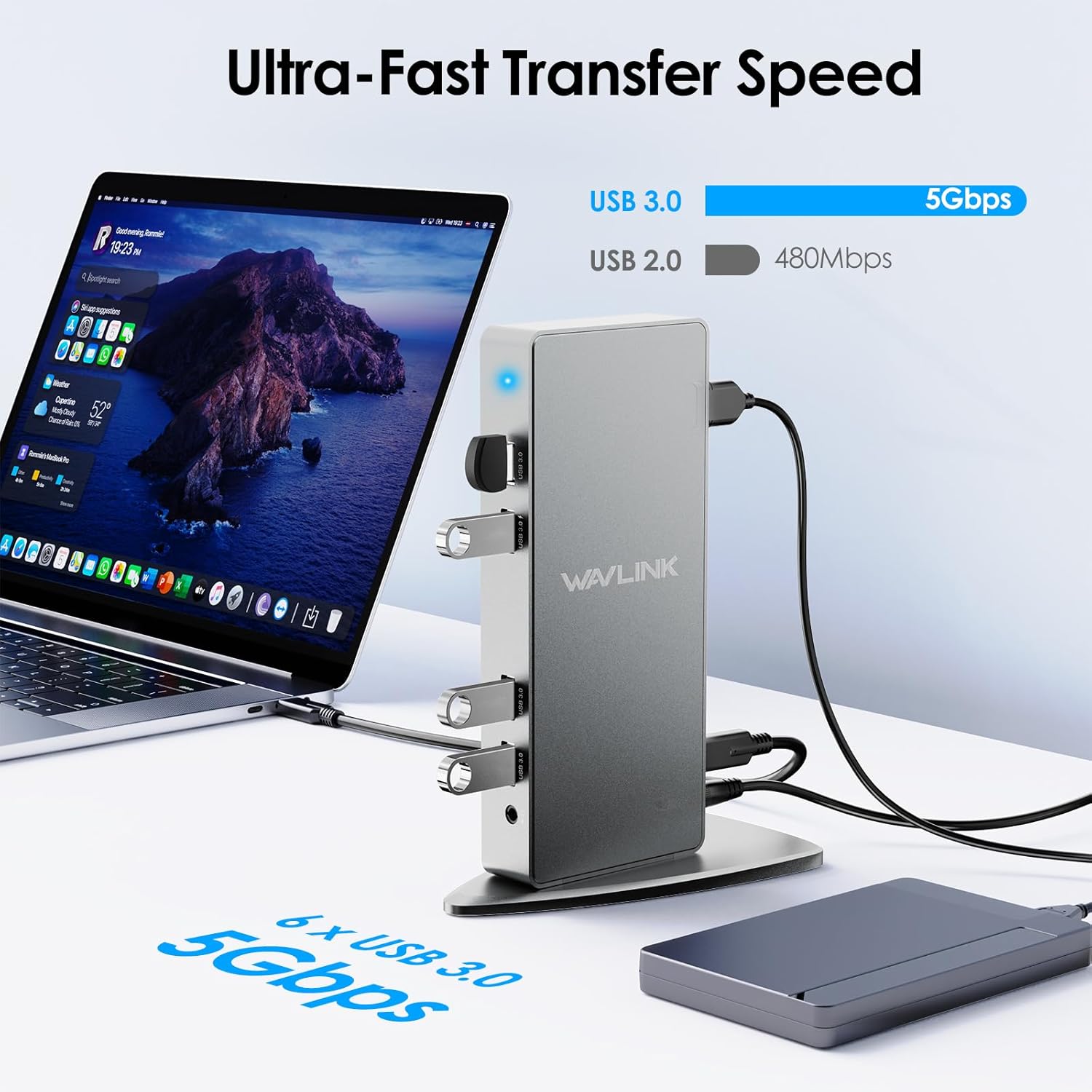 Imagen de WAVLINK Ultra HD/5K USB 3.0 & USB C Universal Docking Station, 2 x 5k Display Port DP Puerto，2 x 4k HDMI, Gigabit Ethernet, Puerto Audio+Micrófono,4 Puertos USB3.0, 2 Puertos USB C, Cables USB 3.0/C