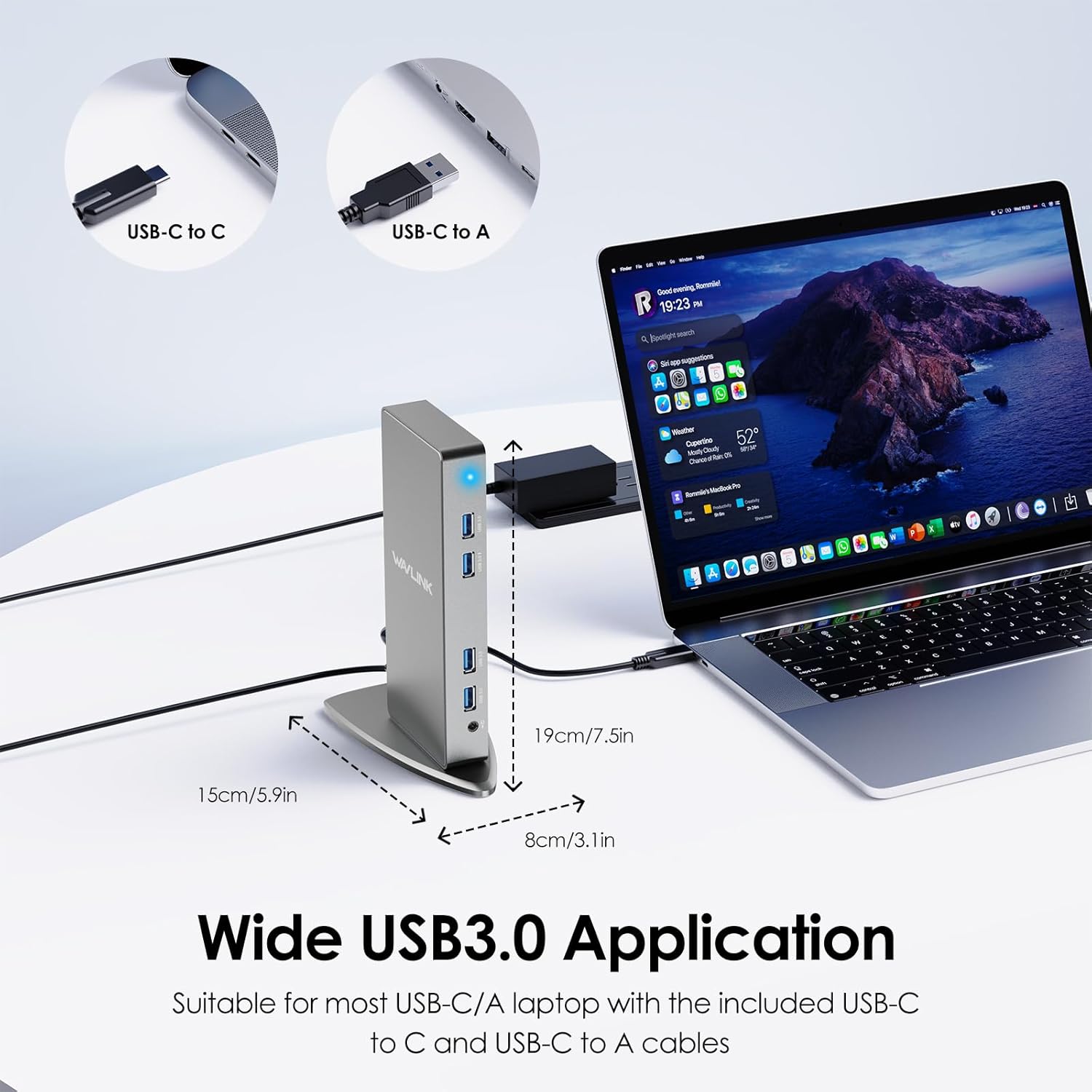 Imagen de WAVLINK Ultra HD/5K USB 3.0 & USB C Universal Docking Station, 2 x 5k Display Port DP Puerto，2 x 4k HDMI, Gigabit Ethernet, Puerto Audio+Micrófono,4 Puertos USB3.0, 2 Puertos USB C, Cables USB 3.0/C