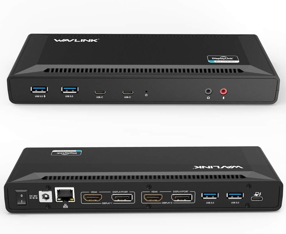 Imagen de WAVLINK Ultra HD/5K USB 3.0 & USB C Universal Docking Station, 2 x 5k Display Port DP Puerto，2 x 4k HDMI, Gigabit Ethernet, Puerto Audio+Micrófono,4 Puertos USB3.0, 2 Puertos USB C, Cables USB 3.0/C