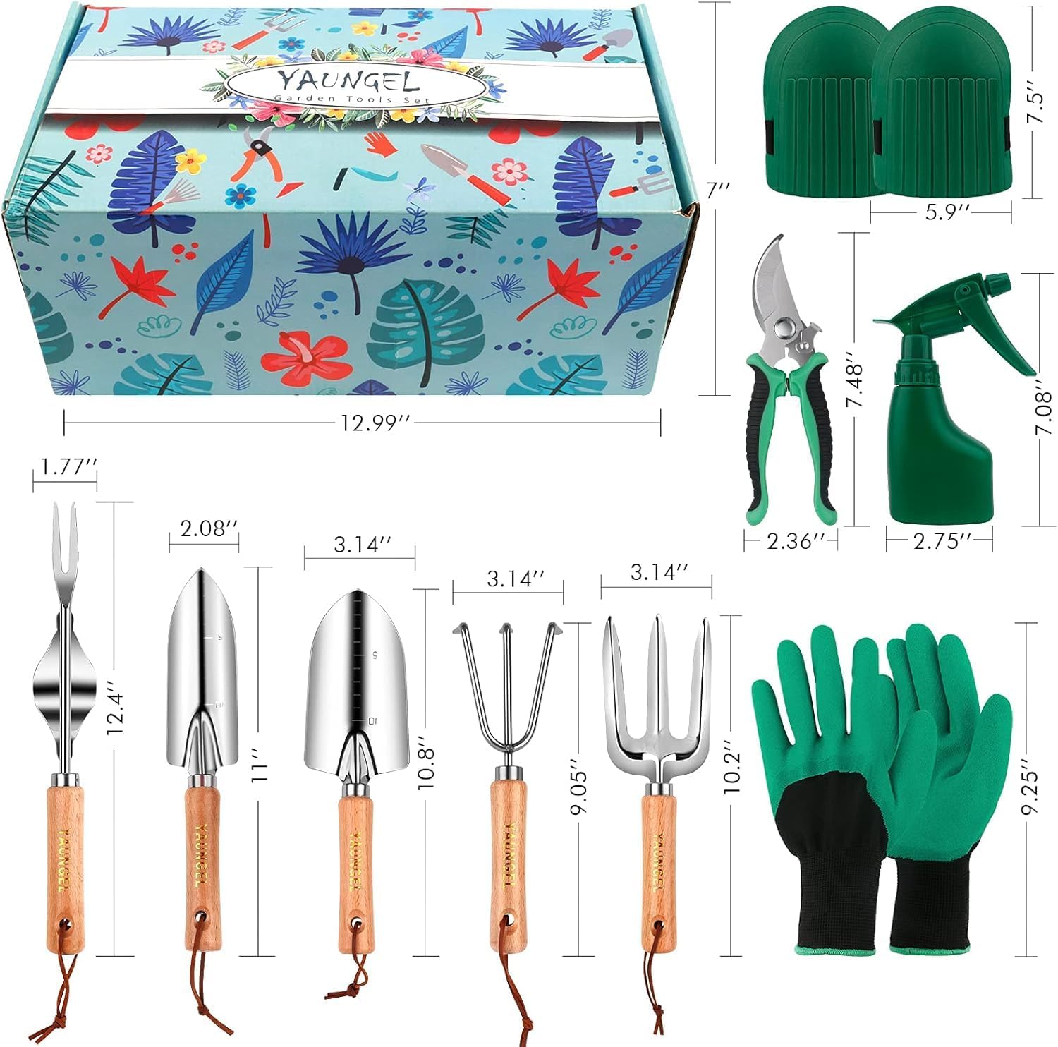 Imagen de YAUNGEL Juego de Herramientas de jardinería, 10 Piezas de Acero Inoxidable de Uso Pesado con Mango de Madera Antideslizante - Regalos para Mujeres y Hombres, Verde