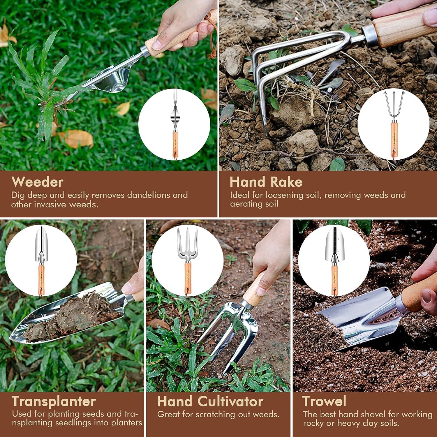 Imagen de YAUNGEL Juego de Herramientas de jardinería, 10 Piezas de Acero Inoxidable de Uso Pesado con Mango de Madera Antideslizante - Regalos para Mujeres y Hombres, Verde