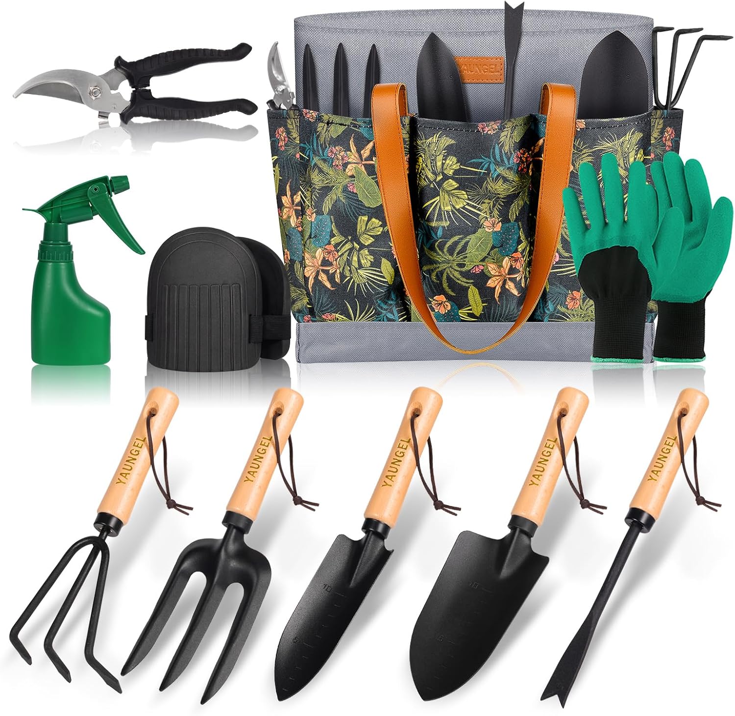 Imagen de YAUNGEL Juego de Herramientas de jardinería, 10 Piezas de Acero Inoxidable de Uso Pesado con Mango de Madera Antideslizante - Regalos para Mujeres y Hombres, Verde