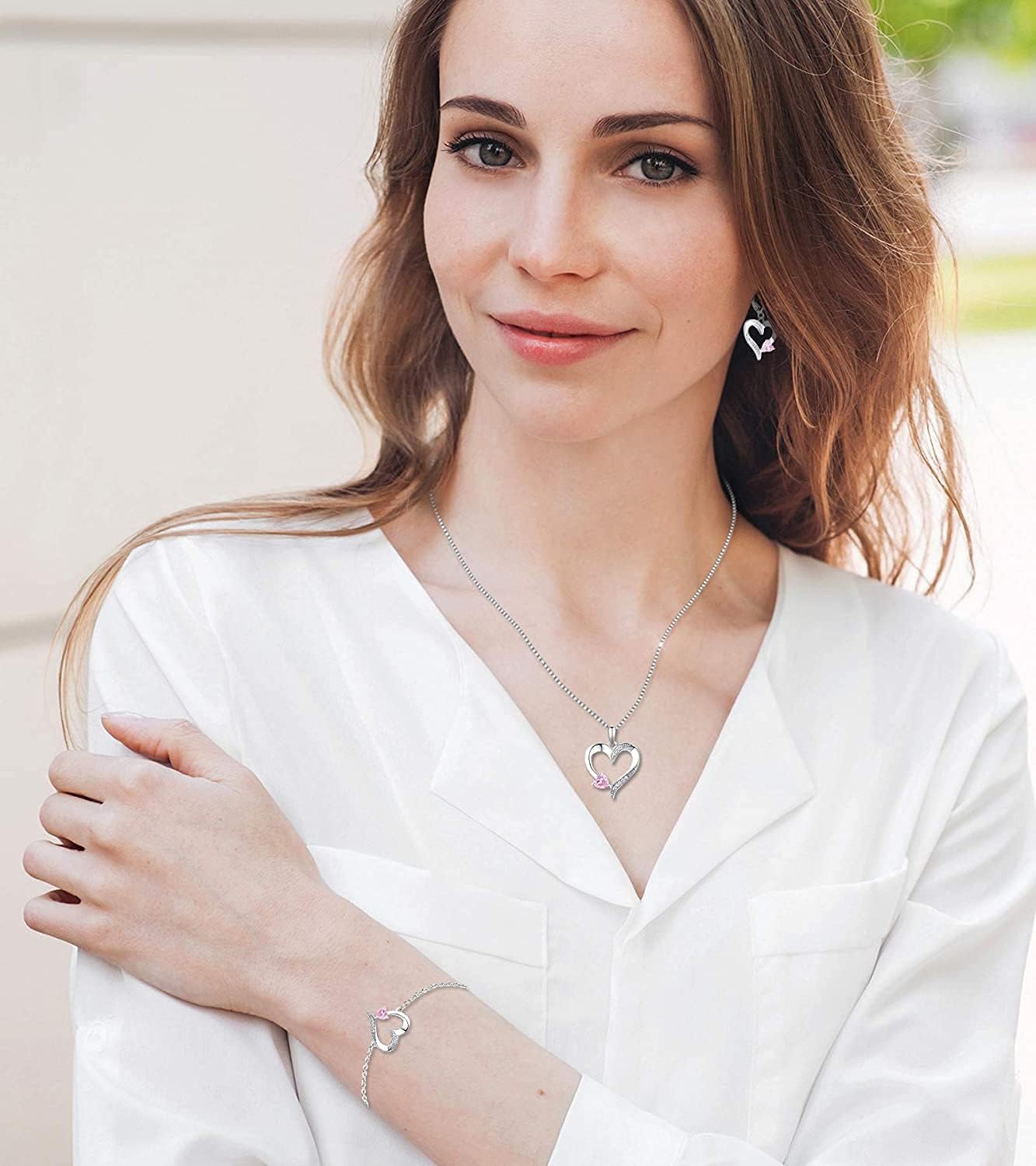 Imagen de YL Collar de Corazón Plata de Ley 925 con 12 Piedras de Nacimiento Circonita Collar con Colgante de Corazón Doble para Mujer, 45-48cm