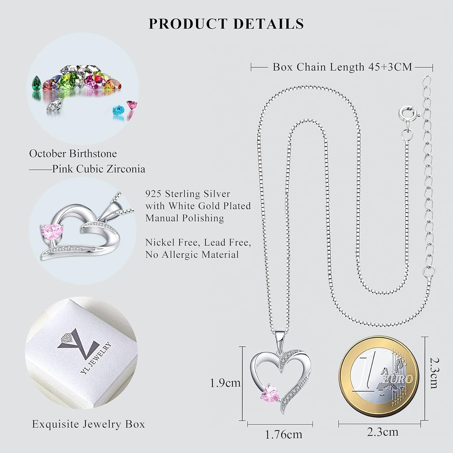 Imagen de YL Collar de Corazón Plata de Ley 925 con 12 Piedras de Nacimiento Circonita Collar con Colgante de Corazón Doble para Mujer, 45-48cm