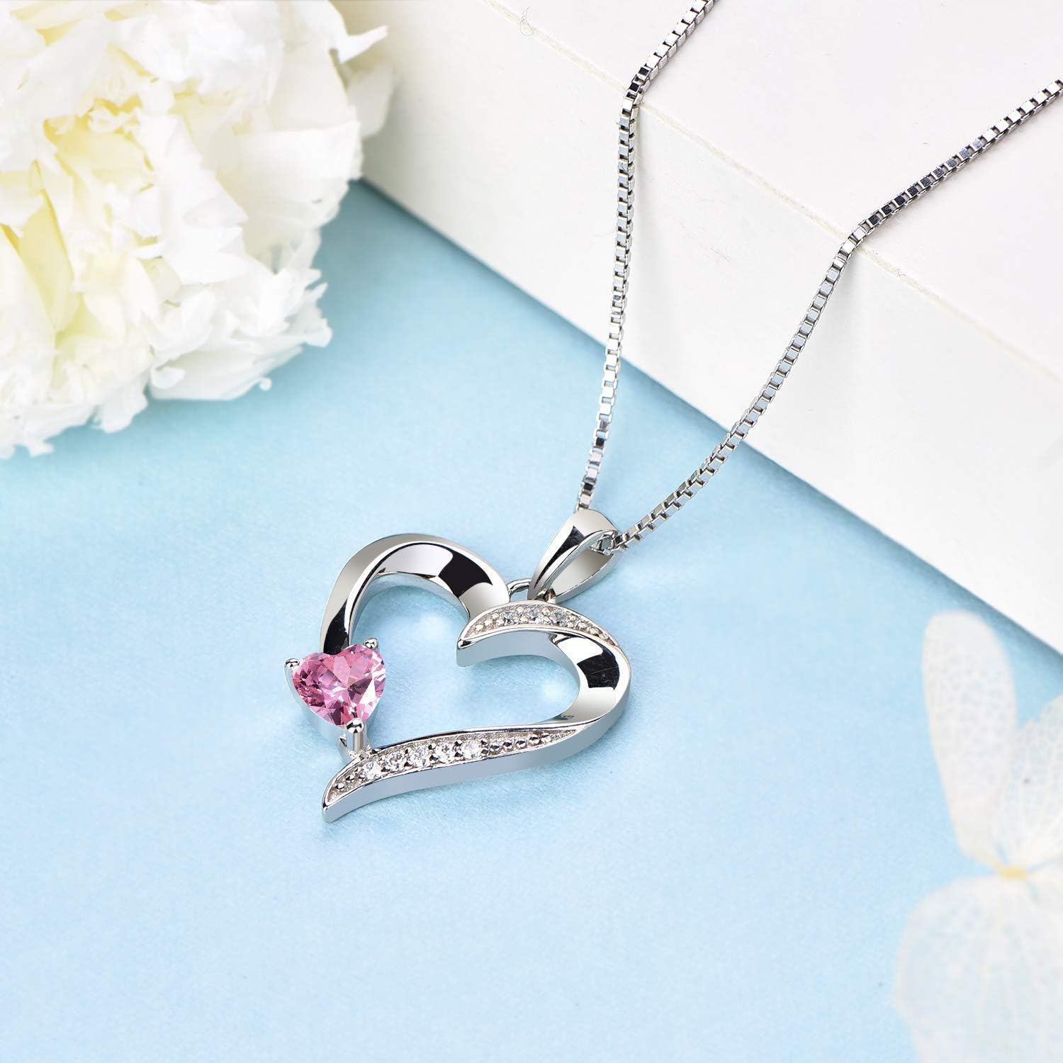 Imagen de YL Collar de Corazón Plata de Ley 925 con 12 Piedras de Nacimiento Circonita Collar con Colgante de Corazón Doble para Mujer, 45-48cm