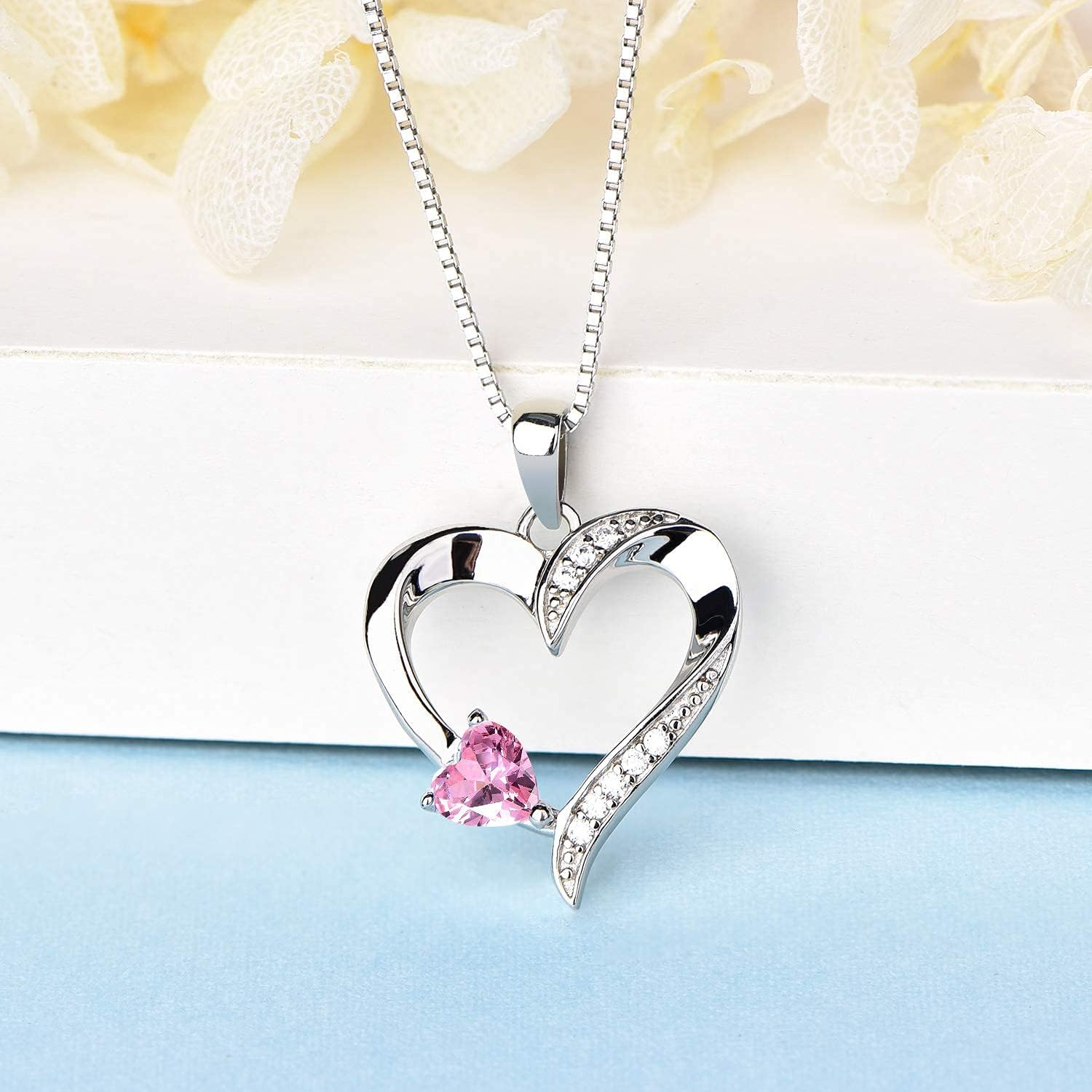 Imagen de YL Collar de Corazón Plata de Ley 925 con 12 Piedras de Nacimiento Circonita Collar con Colgante de Corazón Doble para Mujer, 45-48cm
